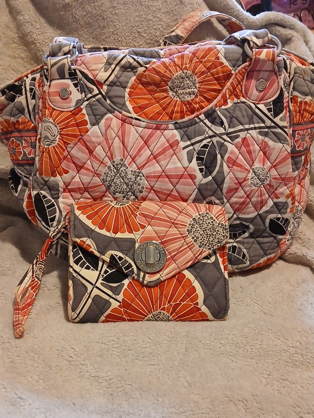 Vera Bradley Quilted Floral Tote and Wristlet in Orange, Pink, Gray